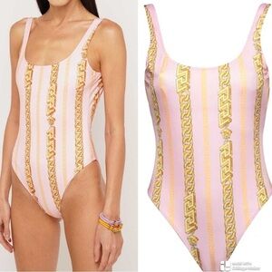 Versace chain pinstripe one-piece swimsuit pink gold NWT